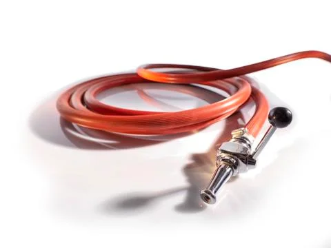 Red fire fighting hose with coupler and nozzle, Isolated on white back Stock Photos