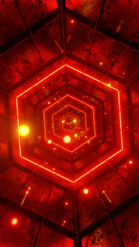 Red Fire Hexagon Tunnel Vertical Seamless Loop Neon VJ Background 3D Render Stock Footage 341466099