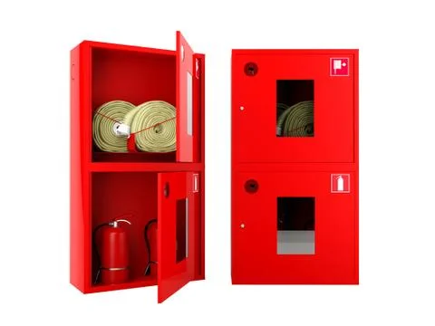 Red fire hose  and fire extinguisher cabinets on white background Stock Illustration