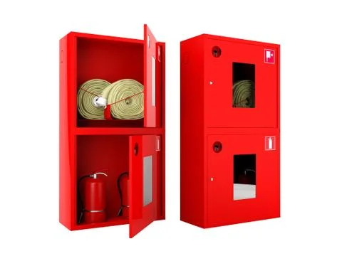 Red fire hose  and fire extinguisher cabinets on white background Stock Illustration
