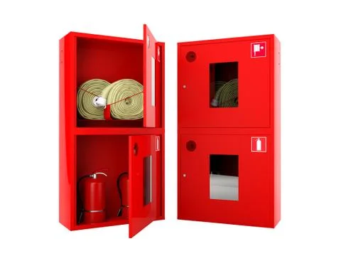 Red fire hose  and fire extinguisher cabinets on white background Stock Illustration