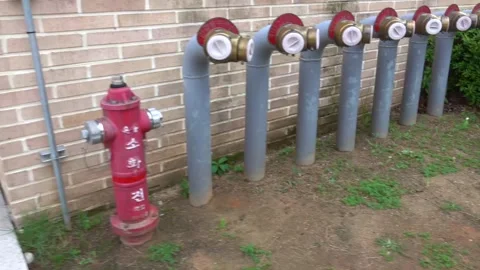 Red Fire Hydrant and Multiple Water Outlets Stock Footage 313254927