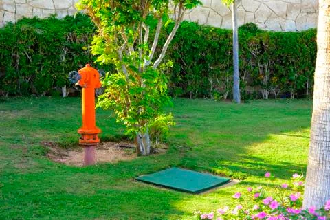Red fire hydrant on a background of green grass. Fire hydrant or fire pump, Stock Photos