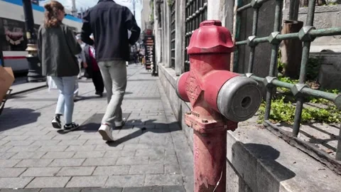 Red Fire Hydrant in Beyazıt Istanbul with Tram and Pedestrians 動画素材 333375570