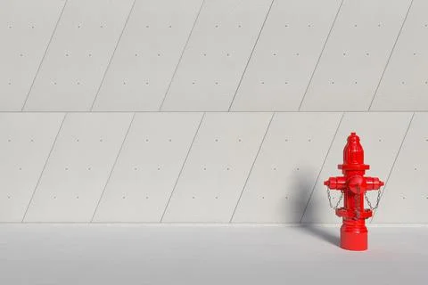 Red Fire Hydrant in front of Industrial Building Outside Panels Concrete Wall Ilustración de archivo