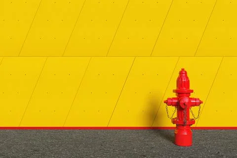 Red Fire Hydrant in front of Industrial Building Outside Panels Yellow Concre Ilustración de archivo