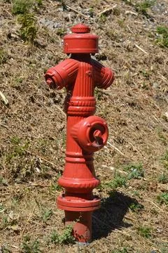 Red fire hydrant on a grassy hillside Stock Photos