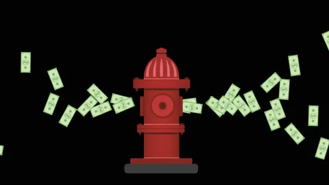 A red fire hydrant inflates and throws out fountains of money Stock Footage 132945300