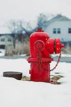 Red fire hydrant on snow with house and trees in background Stock Photos