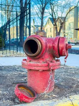 A red fire hydrant stands on a sidewalk near trees and houses. The hydrant ha Stock Photos