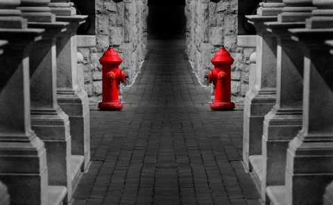 Red Fire Hydrants in Long Passageway Passage Way Stones Stock Photos