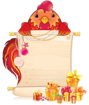 Red fire rooster with scroll and Christmas Ornament. Illustrazione stock