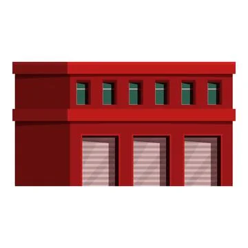 Red fire station building with closed garage doors and windows Ilustración de archivo