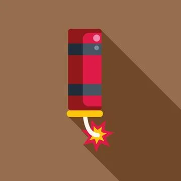 Red firecracker with burning wick exploding, flat design with long shadow Stock Illustration