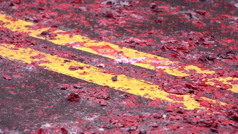 Red Firecracker Debris on Wet Asphalt After Taiwan Religious Festival Stock-Footage 335213456