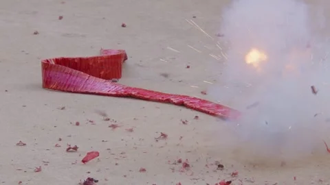 Red Firecracker Sparks Flying Through Thick Smoke After Explosion Stock-Footage 336561540