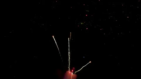 Red Firework Bloom and Falling Sparks at Night, 4K Stock Footage 201128422