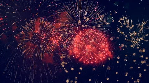 Red firework bursts. Big firecracker bursts in the sky during celebration. Stock Footage 89643451