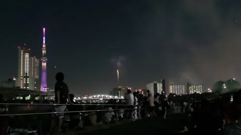 Red Fireworks Bloom over Tokyo Skytree at Sumida River Night Festival Japan Stock Footage 337407489