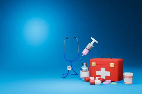 Red first aid box or bag medical emergency equipment hospital medicine aid .. Foto stock