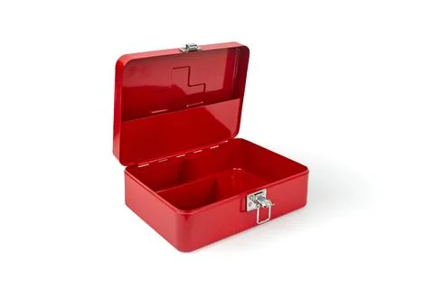Red first aid kit box, opened and isolated on white background, empty copy .. Stock Photos