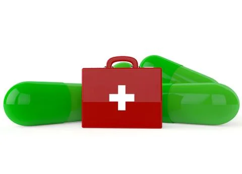Red first aid kit with green capsules Stock-Illustration