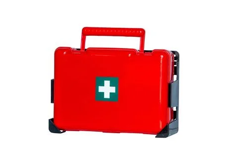 Red first aid kit isolated on white background. Wall first aid kit box Stock Photos