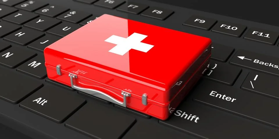 Red first aid kit keyboard black background Stock Illustration