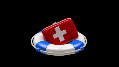 A red first aid kit rotates above a life preserver on a black in 3D animation. Stock Footage 333889758