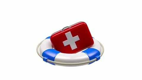 Red first aid kit rotating above life preserver, 3D rendering. Vídeos de archivo 335596467