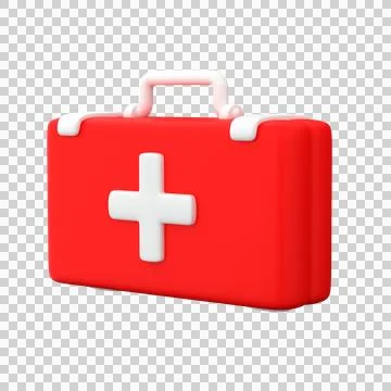 Red first aid kit with a white cross on a white backdrop, 3d render Stock Illustration