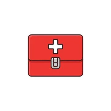 Red first aid kit with a white cross symbol and clasp, isolated on a white ba Ilustração Stock