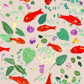 Red fish on a beige background, leaves, algae and flowers. Seamless vector pa 스톡 일러스트