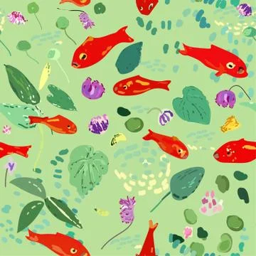 Red fish on a beige background, leaves, algae and flowers. Seamless vector pa イラスト素材
