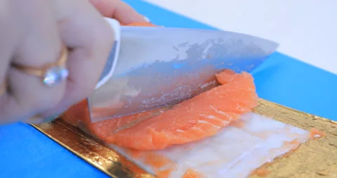 Red fish cut with a knife Video stock 145956851