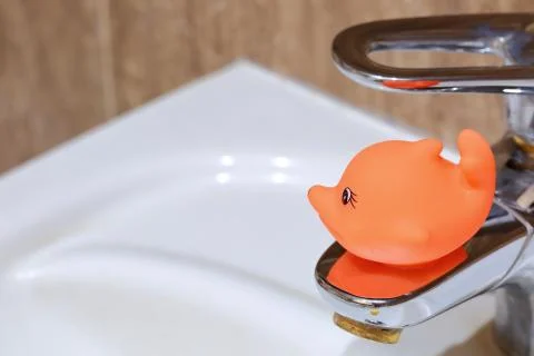 The red fish decorates the bathroom while sitting near the bathroom sink. 写真素材