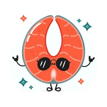 Red fish salmon character. Hello summer card. Vector hand drawn cartoon kaw.. Stock Illustration