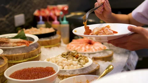 Red fish seafood People hand grab buffet asian food in hotel seminar and meeting Stock Footage 322641601
