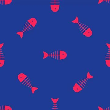 Red Fish skeleton icon isolated seamless pattern on blue background. Fish bone Illustrazione stock
