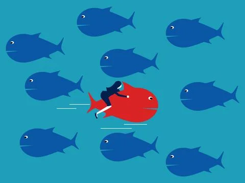 The red fish swims in the opposite direction from the other fish. Courage and Stock Illustration