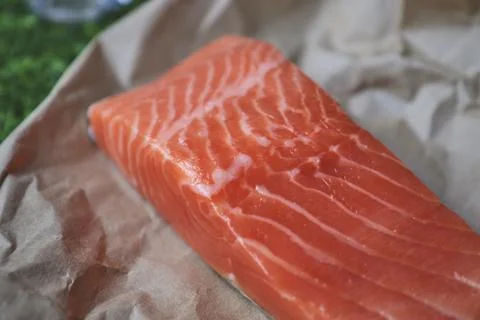 Red fish on the table, a slice of fish, seafood and alcohol, green lawn, salted Stock Photos