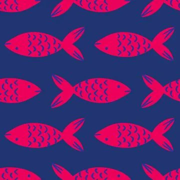 Red fish vector repeat pattern on dark blue background Stock Illustration