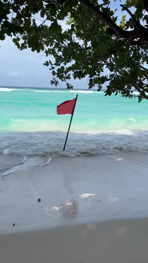 Red flag and waves on Silhouette island, Seychelles Stock Footage 241063106