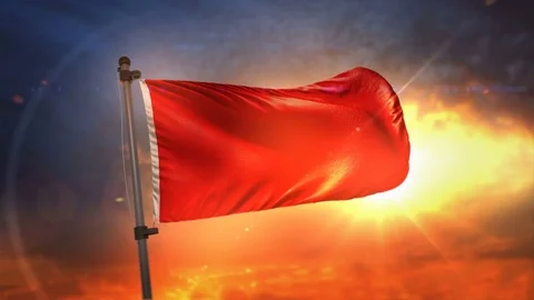 Red Flag Backlit At Beautiful Sunrise Loop Slow Motion 3D Rendering 4K Stock Footage 76921965