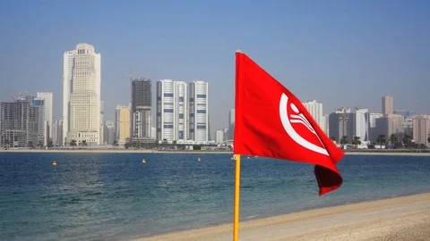 Red flag on the beach in Dubai. UAE. Stock Footage 107763458