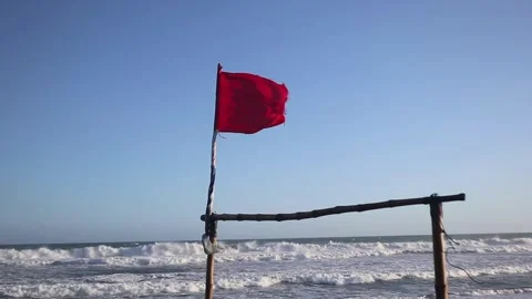 Red flag blowing in strong winds on beach background Video stock 339518019