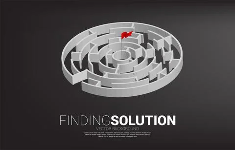 Red flag at center of circle maze. Business concept for problem solving and m Illustrazione stock