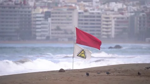 Red flag as dangerous sign that forbids taking a bath at sea Stock Footage 233256477