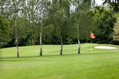 Red flag on a golf course Stock Photos