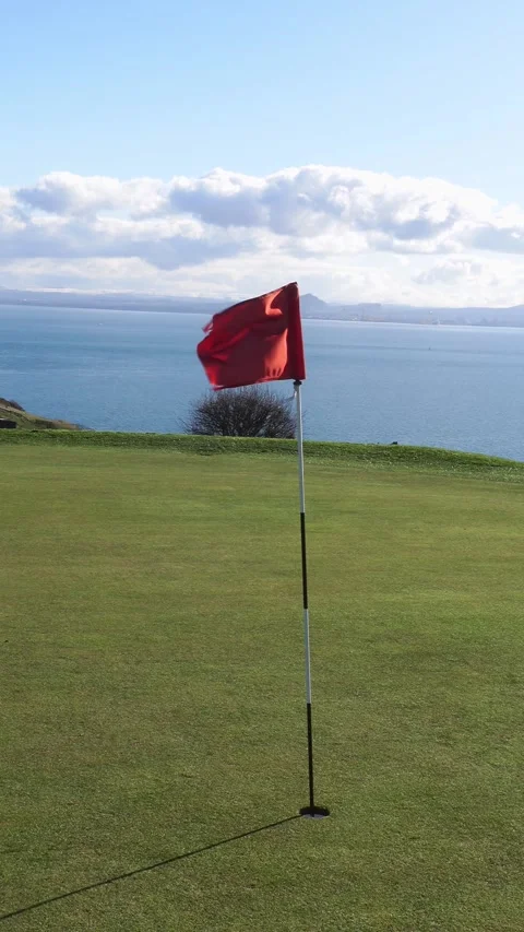 Red flag in golf hole on green course waving in wind Stock Footage 335093193